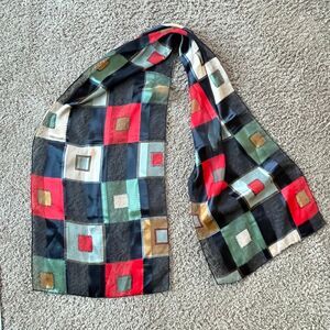 Sheer Patchwork Stripe Scarf Geometric Print Satin Feel 13x60